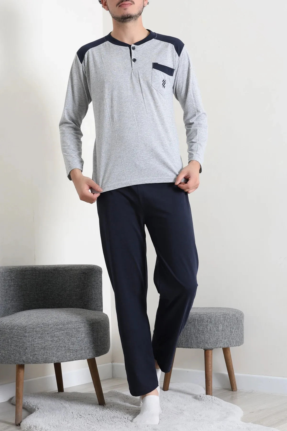Süprem Nakışlı Erkek Pijama Takımı Gri Model TV-96897