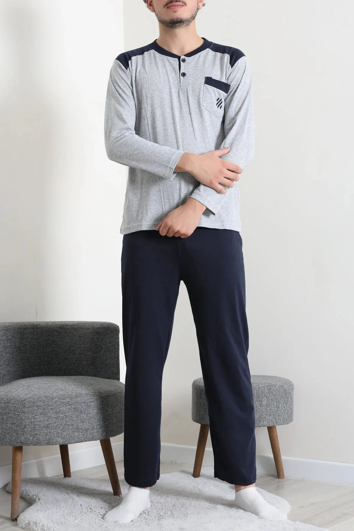 Süprem Nakışlı Erkek Pijama Takımı Gri Model TV-96897