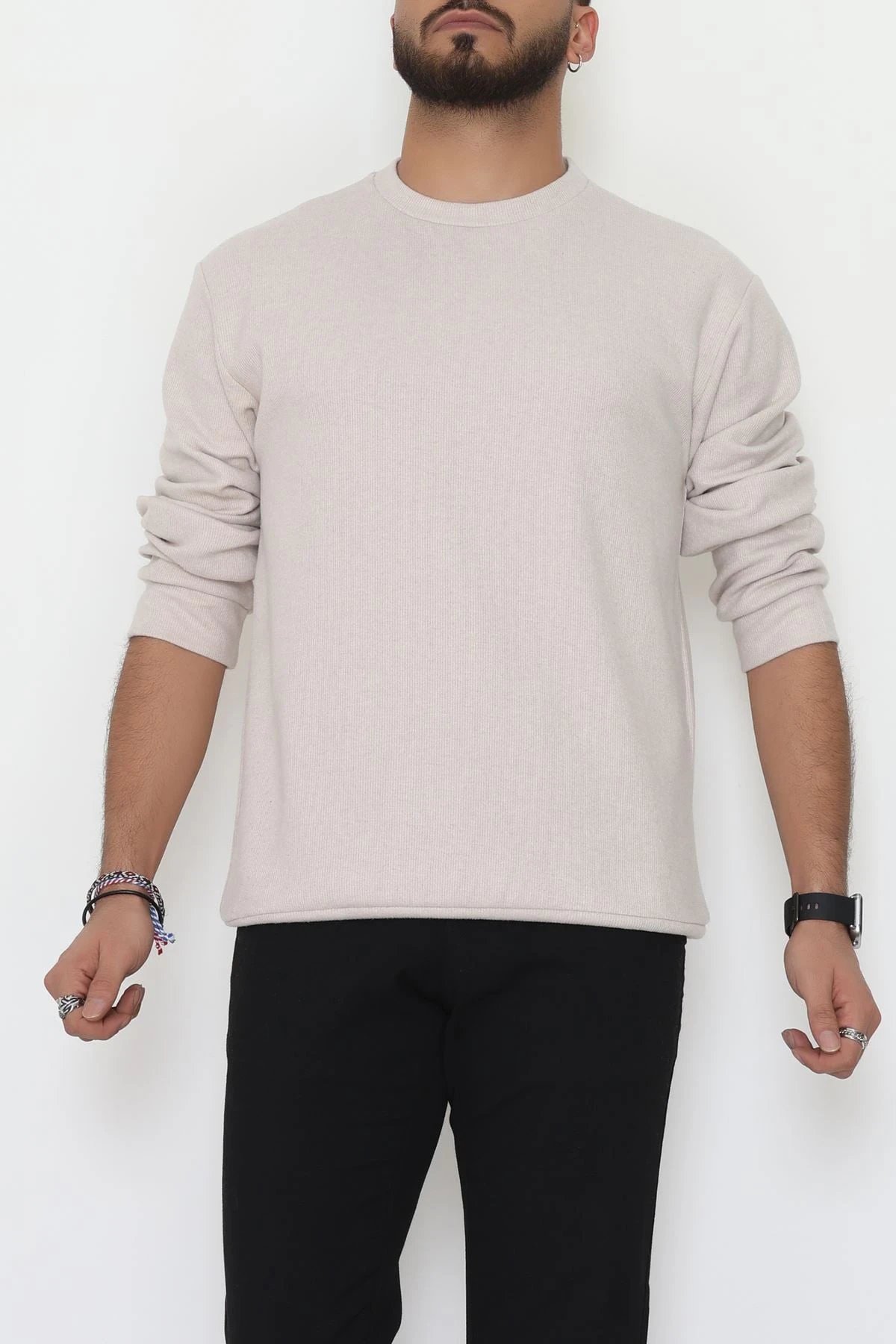 Bisiklet Yaka Selanik Kumaş Erkek Sweat Bej
