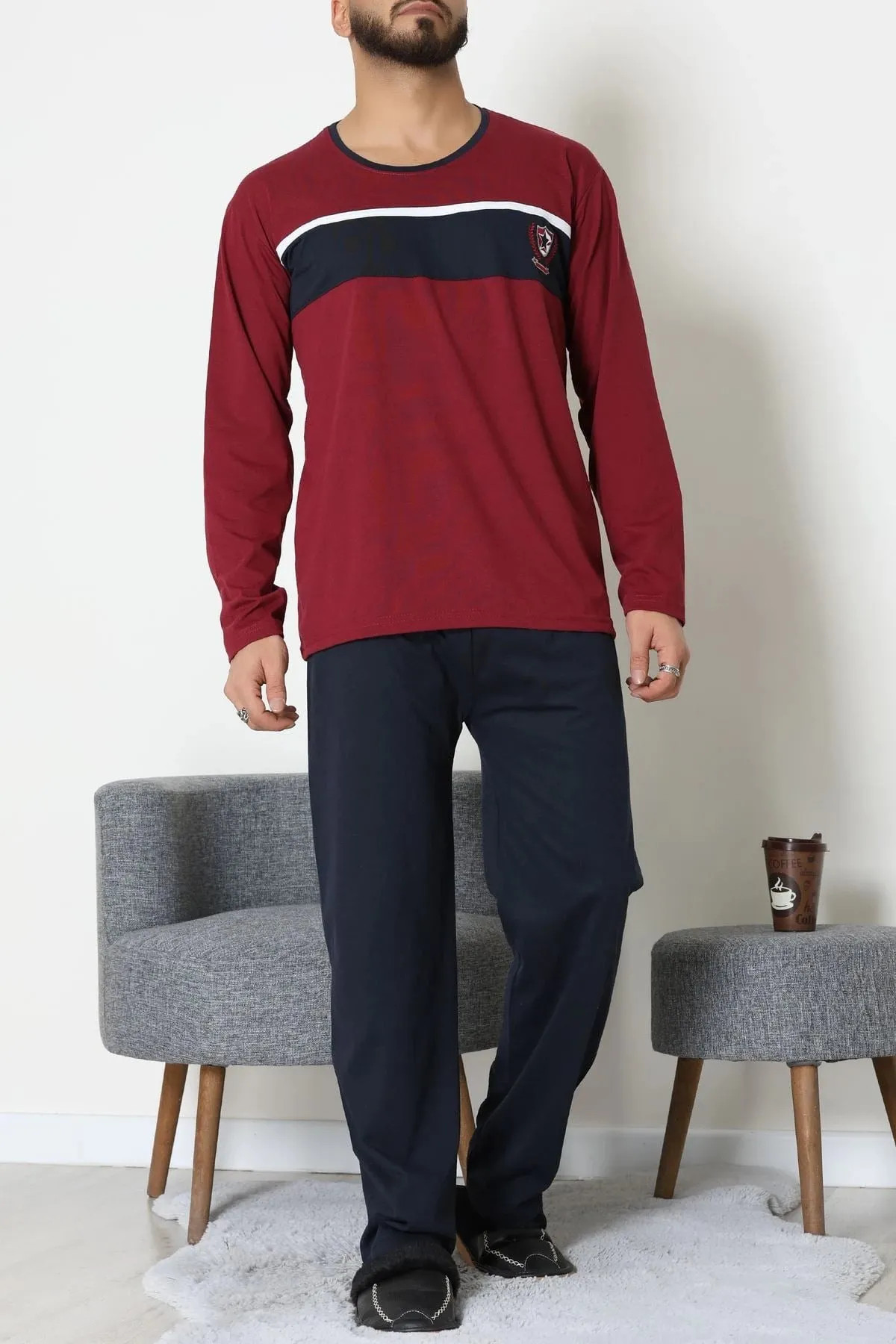 Süprem Baskılı Erkek Pijama Takımı Bordo