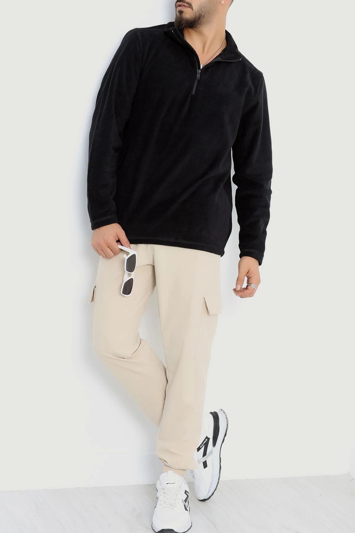 Yarım Fermuar Erkek Polar Sweat Siyah