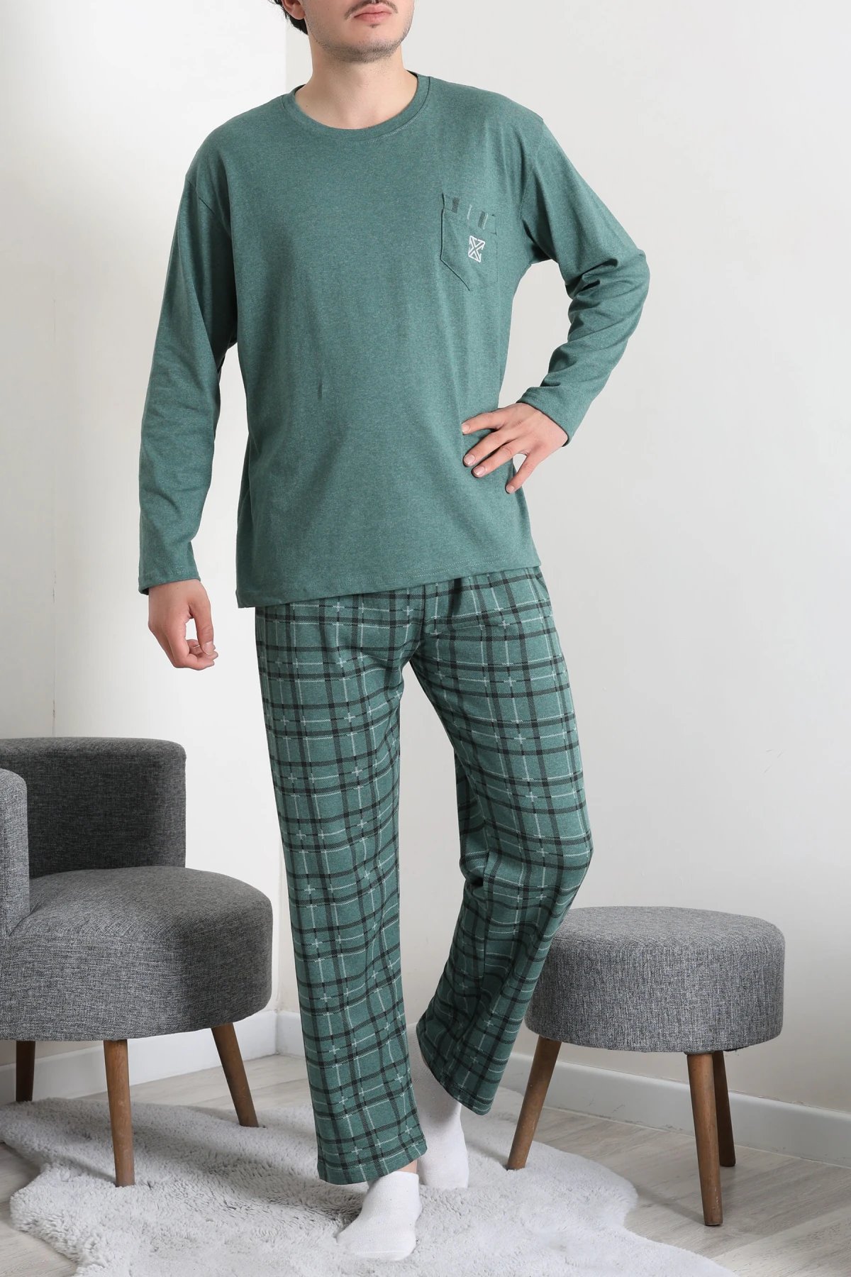 Süprem Ekose Bisiklet Yak Uzun Kol Cepli Erkek Pijama Takımı Yeşil