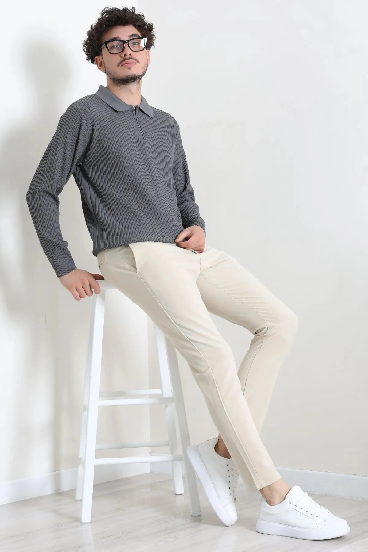 Fermuarlı Polo Yaka Düz Erkek Triko Antrasit