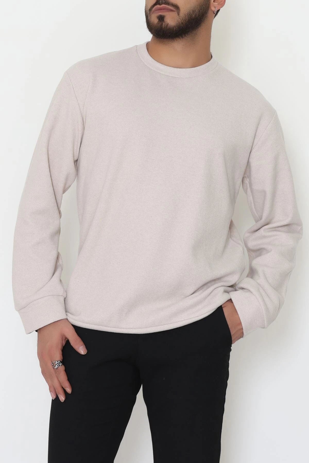 Bisiklet Yaka Selanik Kumaş Erkek Sweat Bej