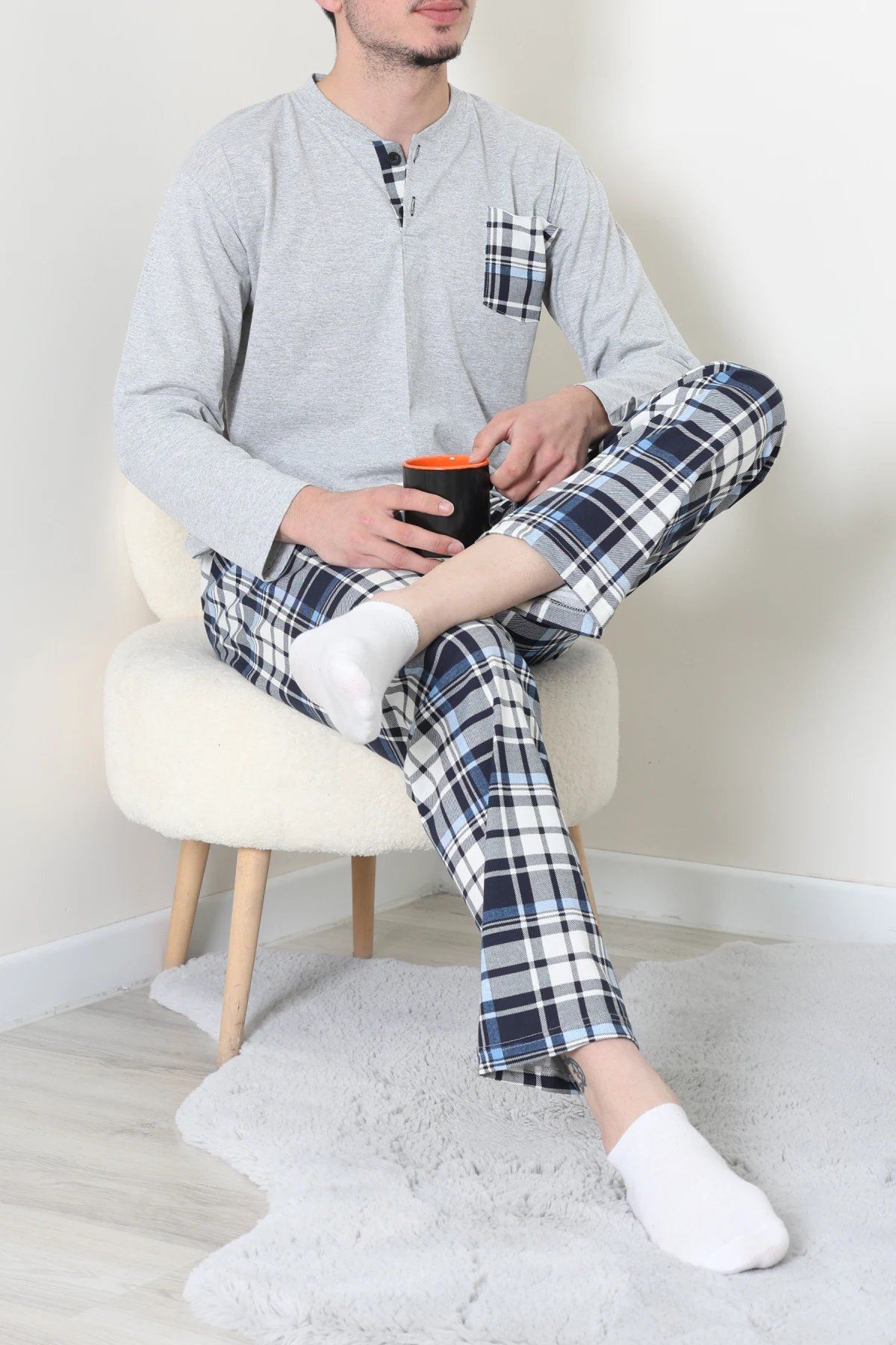 Ekoseli Süprem Erkek Pijama Takımı Gri