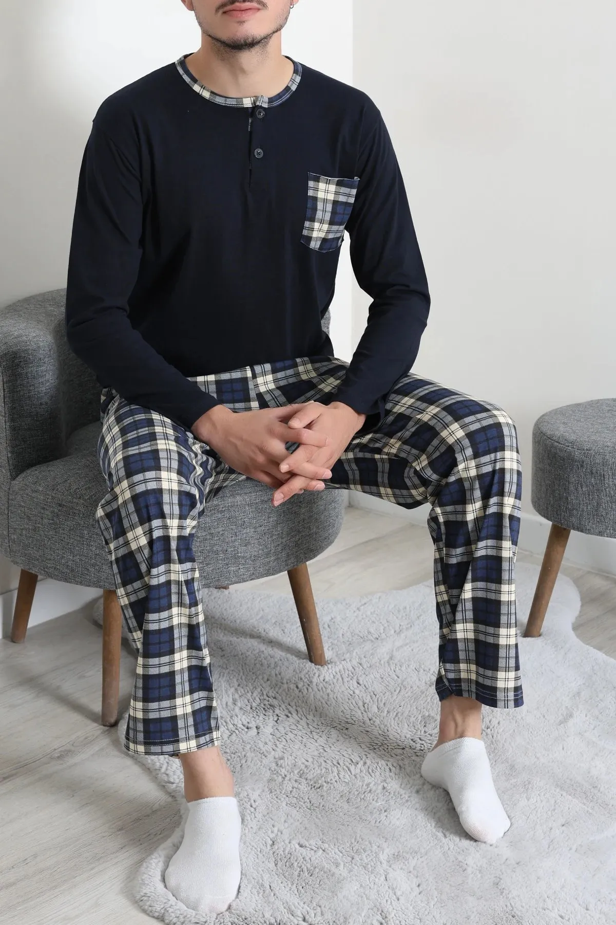 Süprem Patlı Ekose Pijama Takımı Lacivert