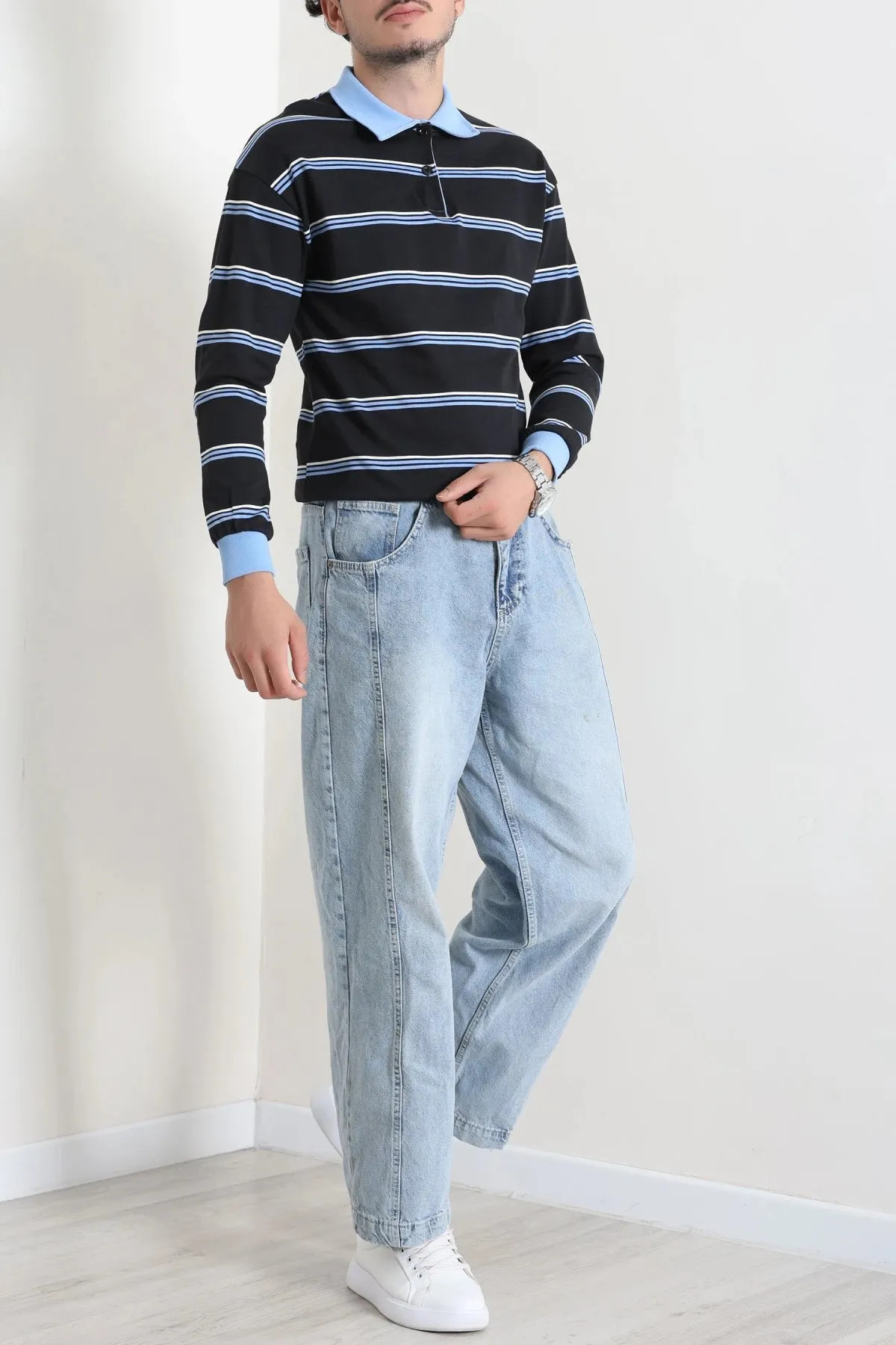 Polo Yaka Çizgili İnterlok Erkek Sweat Lacivertsarı