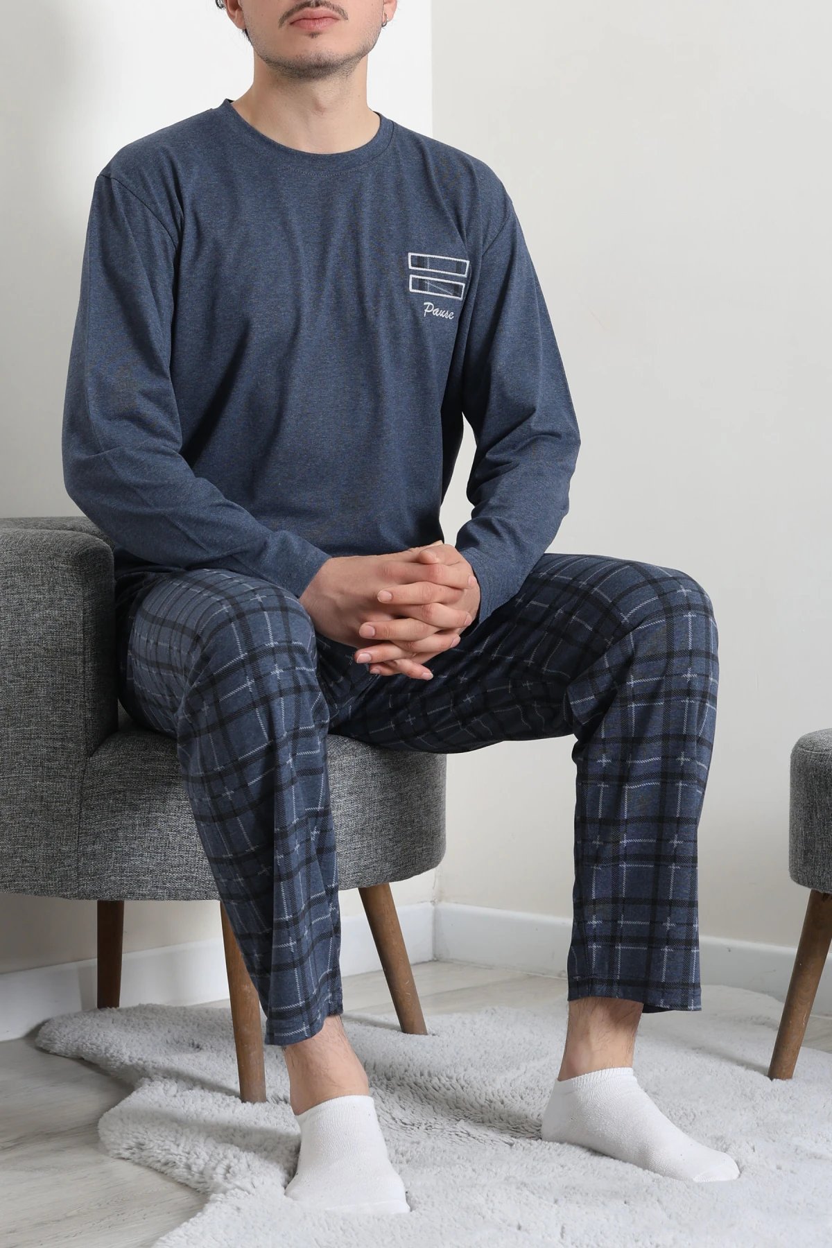 Süprem Ekose Bisiklet Yak Uzun Kol Cepli Erkek Pijama Takımı Koyumavi