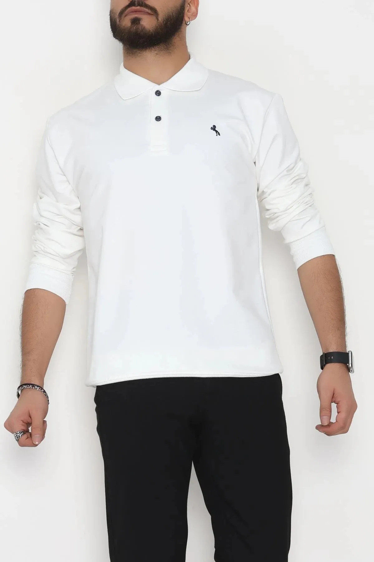2 İplik Likralı Polo Yaka Erkek Sweat Beyaz