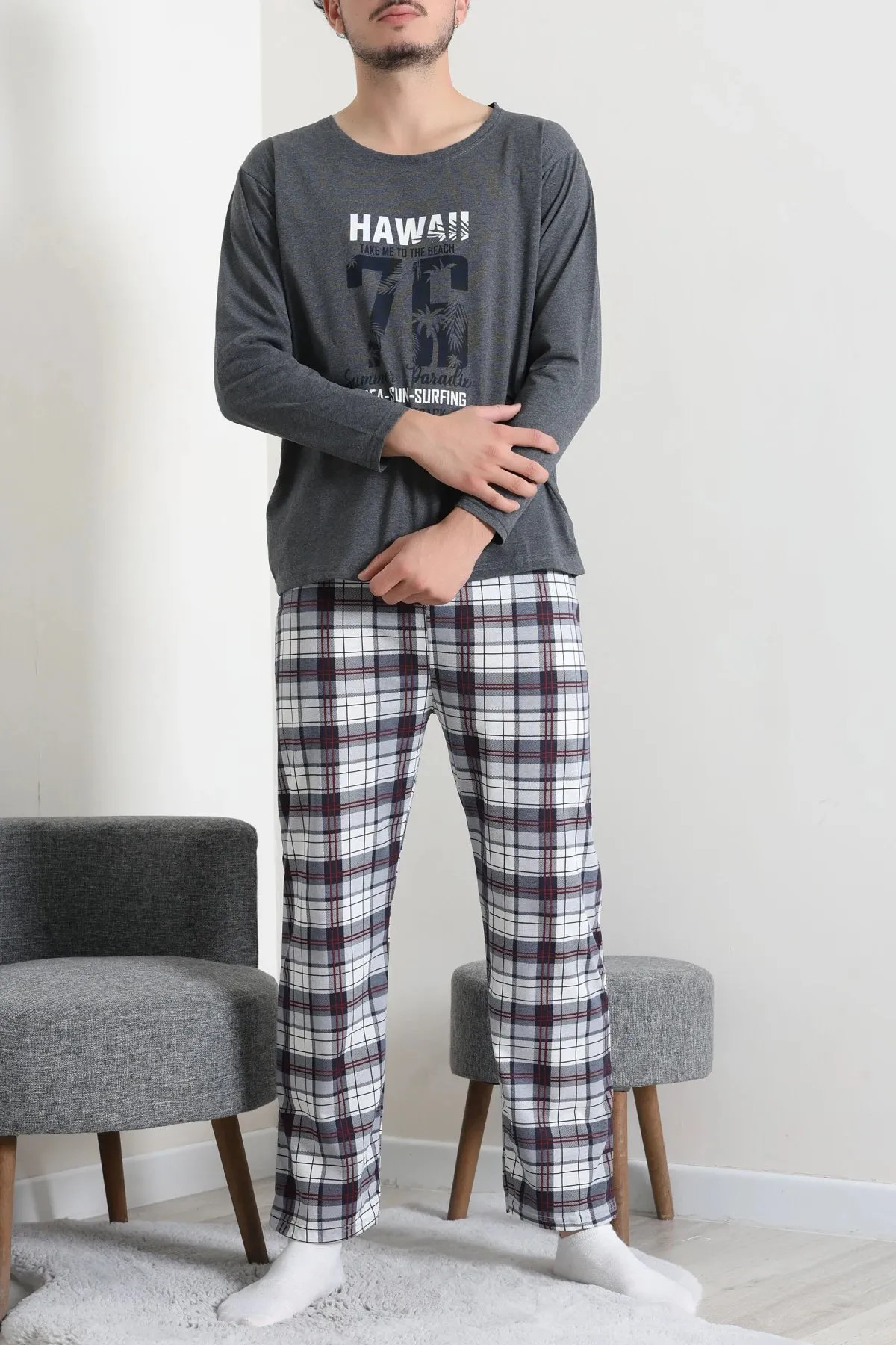 Baskılı Erkek Pijama Takımı Füme