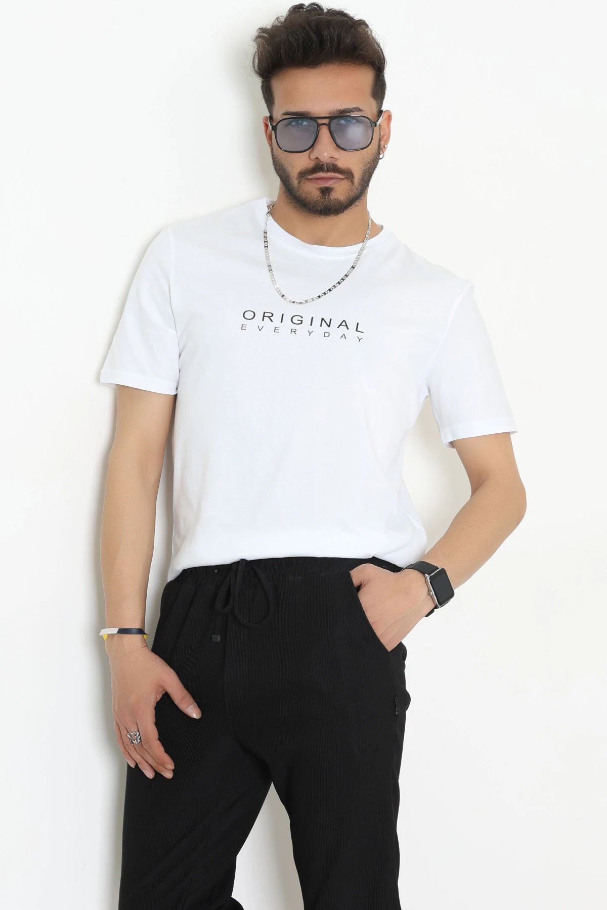 Lüx Penye Regular Baskılı Erkek Tişört Beyaz