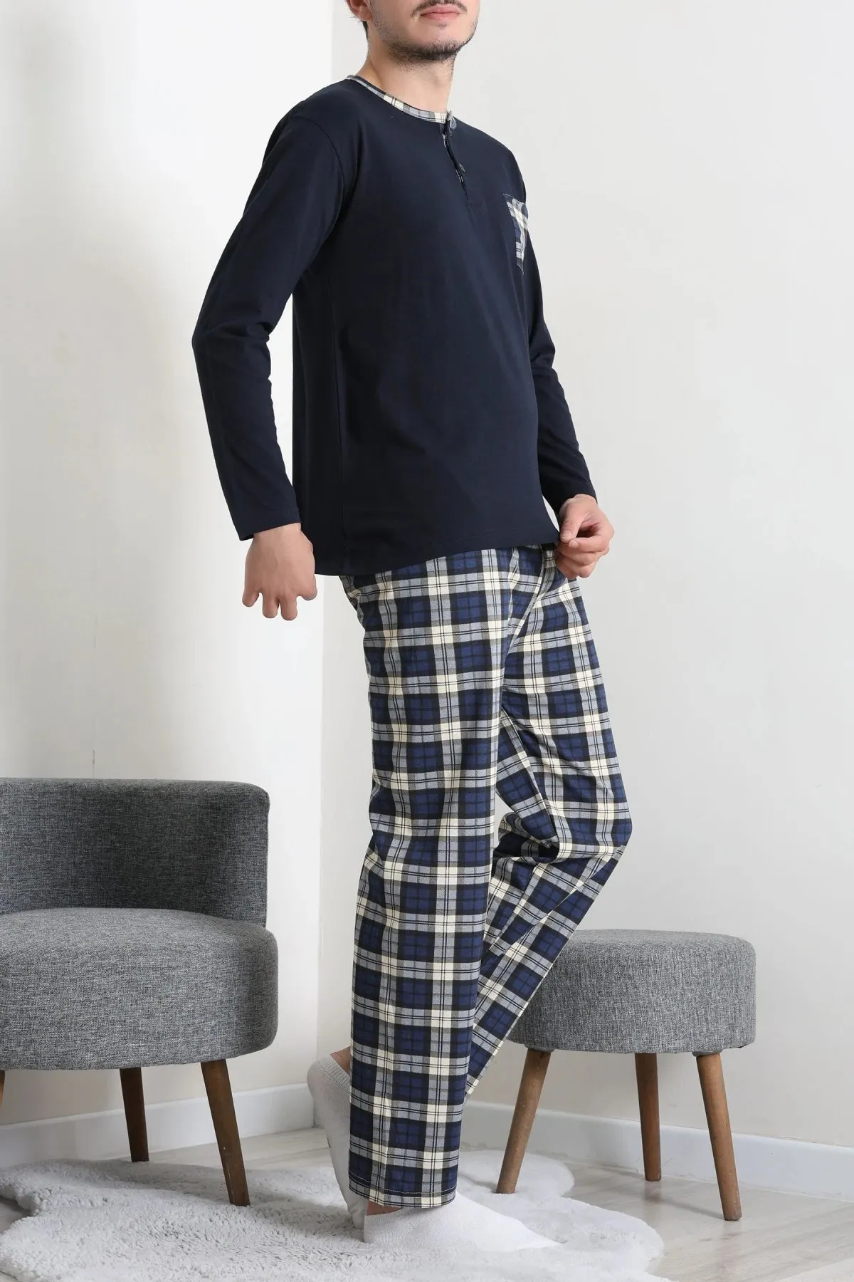 Süprem Patlı Ekose Pijama Takımı Lacivert