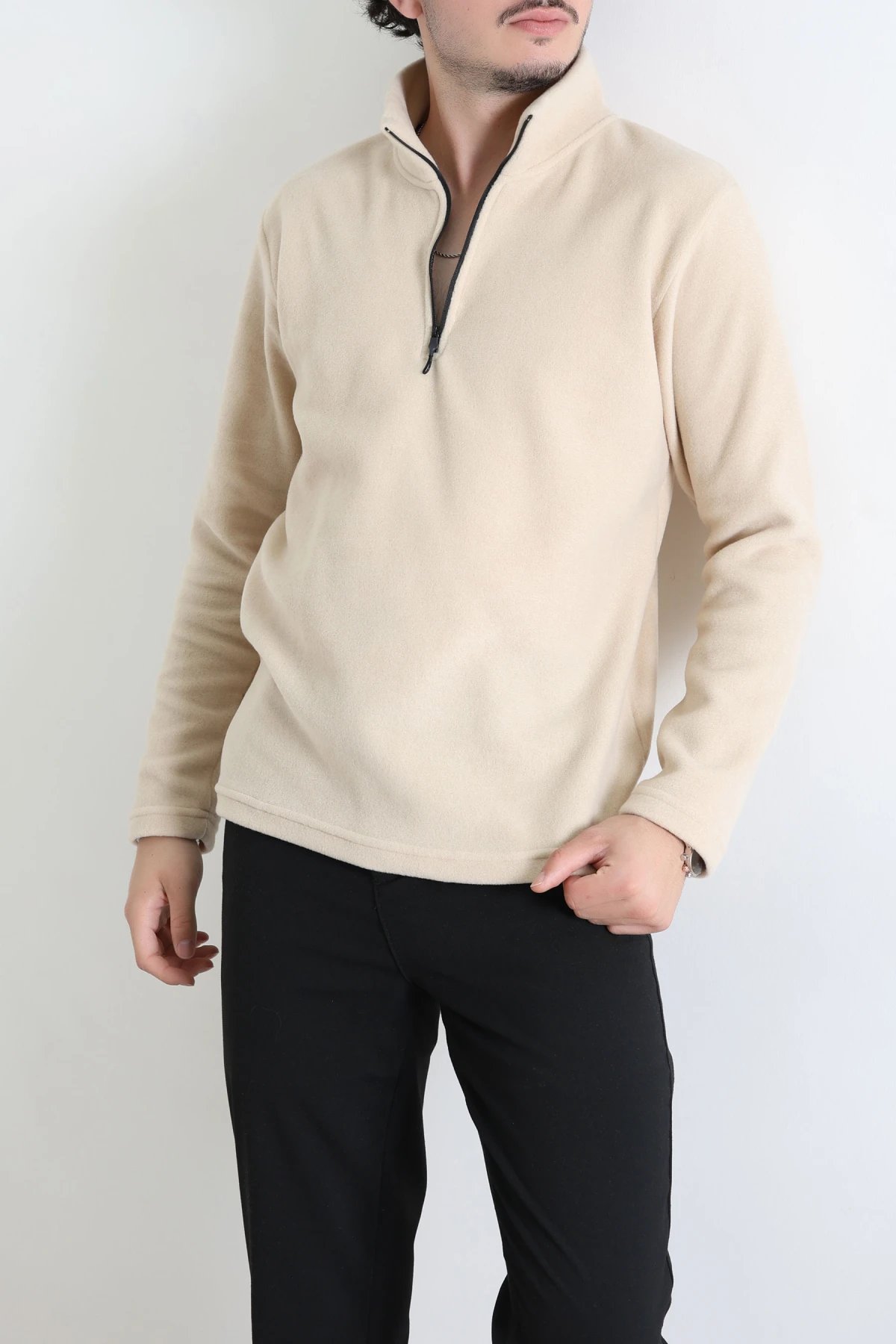 Yarım Fermuarlı Polar Erkek Sweat Bej