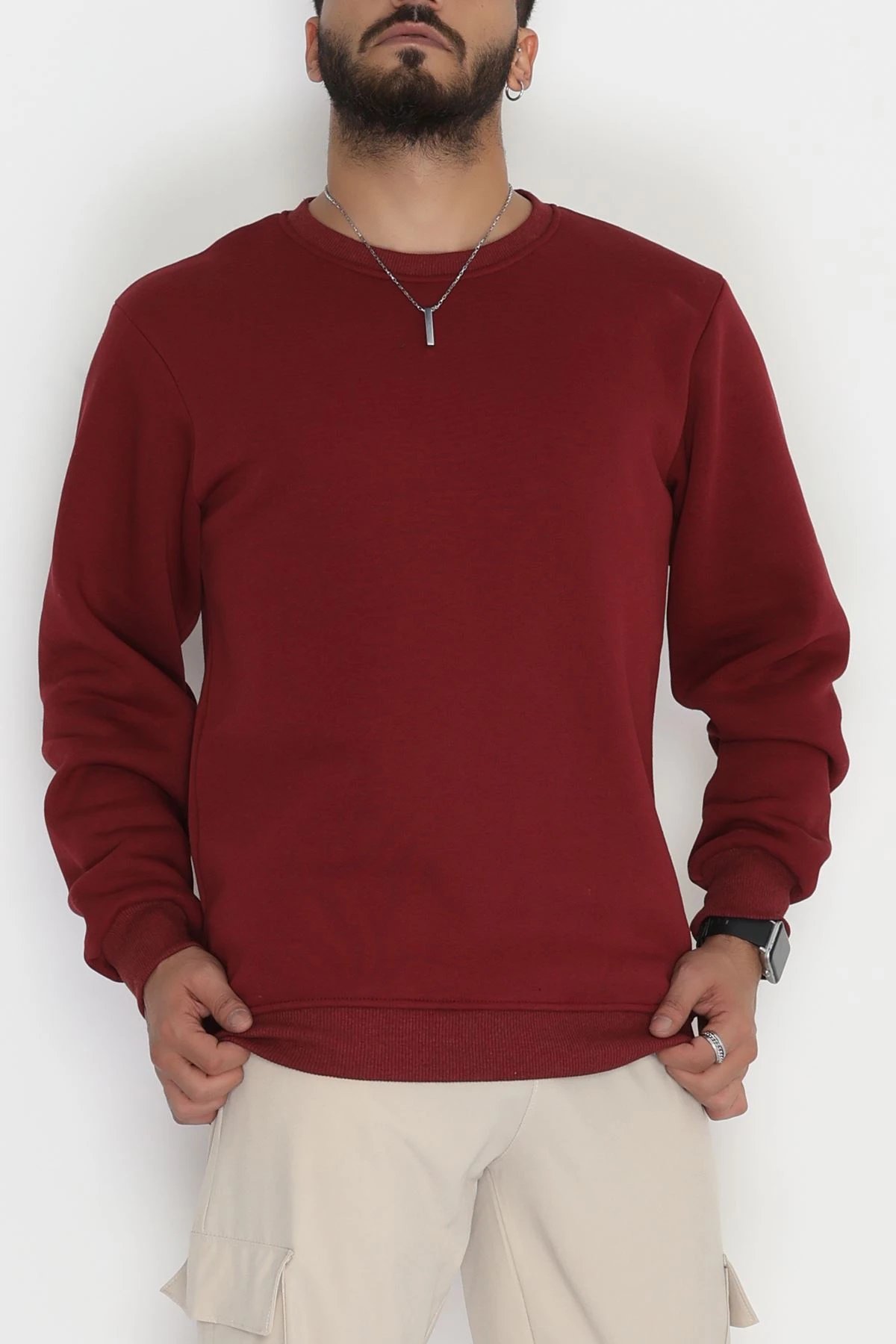 Bisiklet Yaka Şardonlu 3 İplik Erkek Sweat Bordo