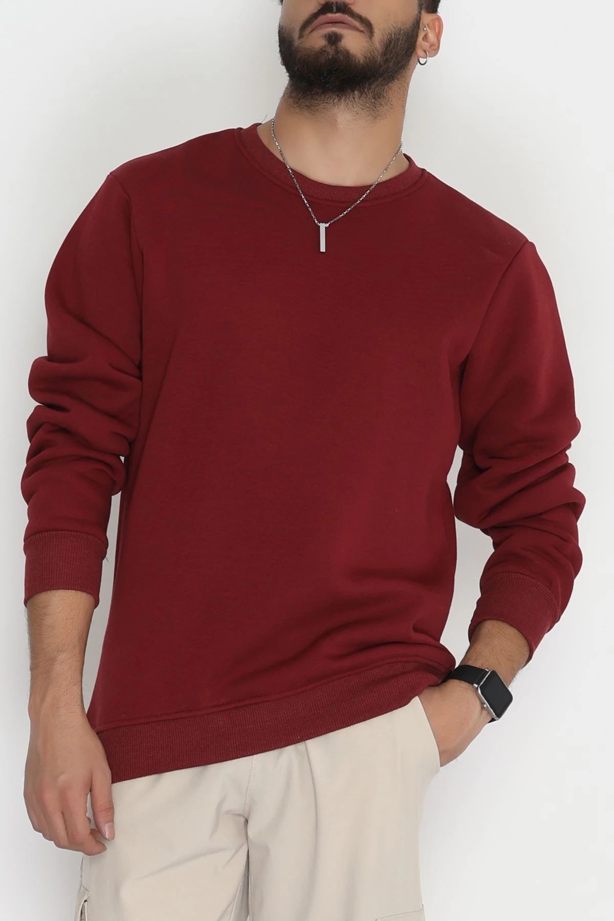 Bisiklet Yaka Şardonlu 3 İplik Erkek Sweat Bordo