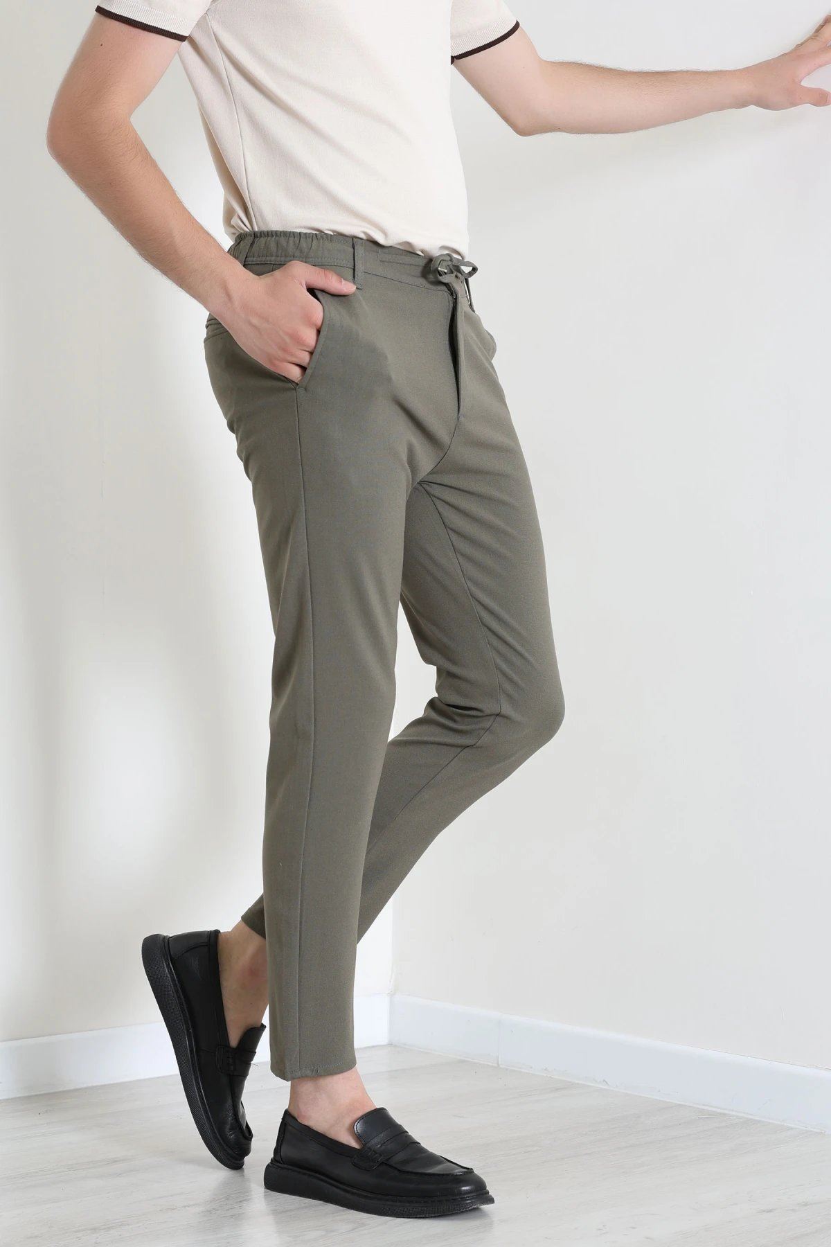 Dokuma Beli Lastikli Erkek Jogger Pantolon Koyuhaki