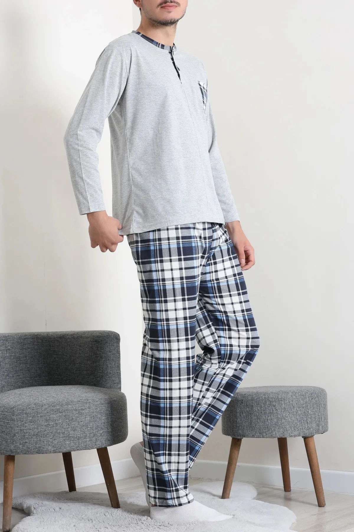 Süprem Patlı Ekose Pijama Takımı Gri