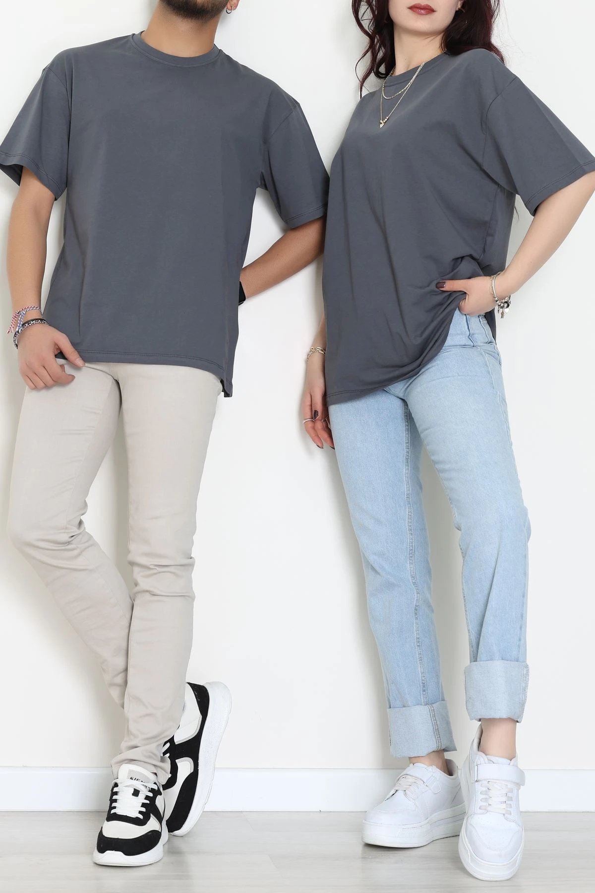 Kompak Penye Unisex Baskısız Oversize Tişört Antrasit