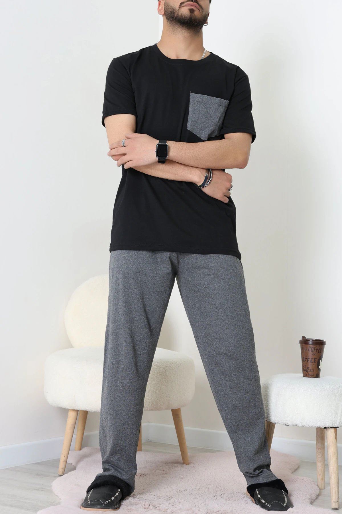 Kısa Kollu Erkek Pijama Takımı Siyah