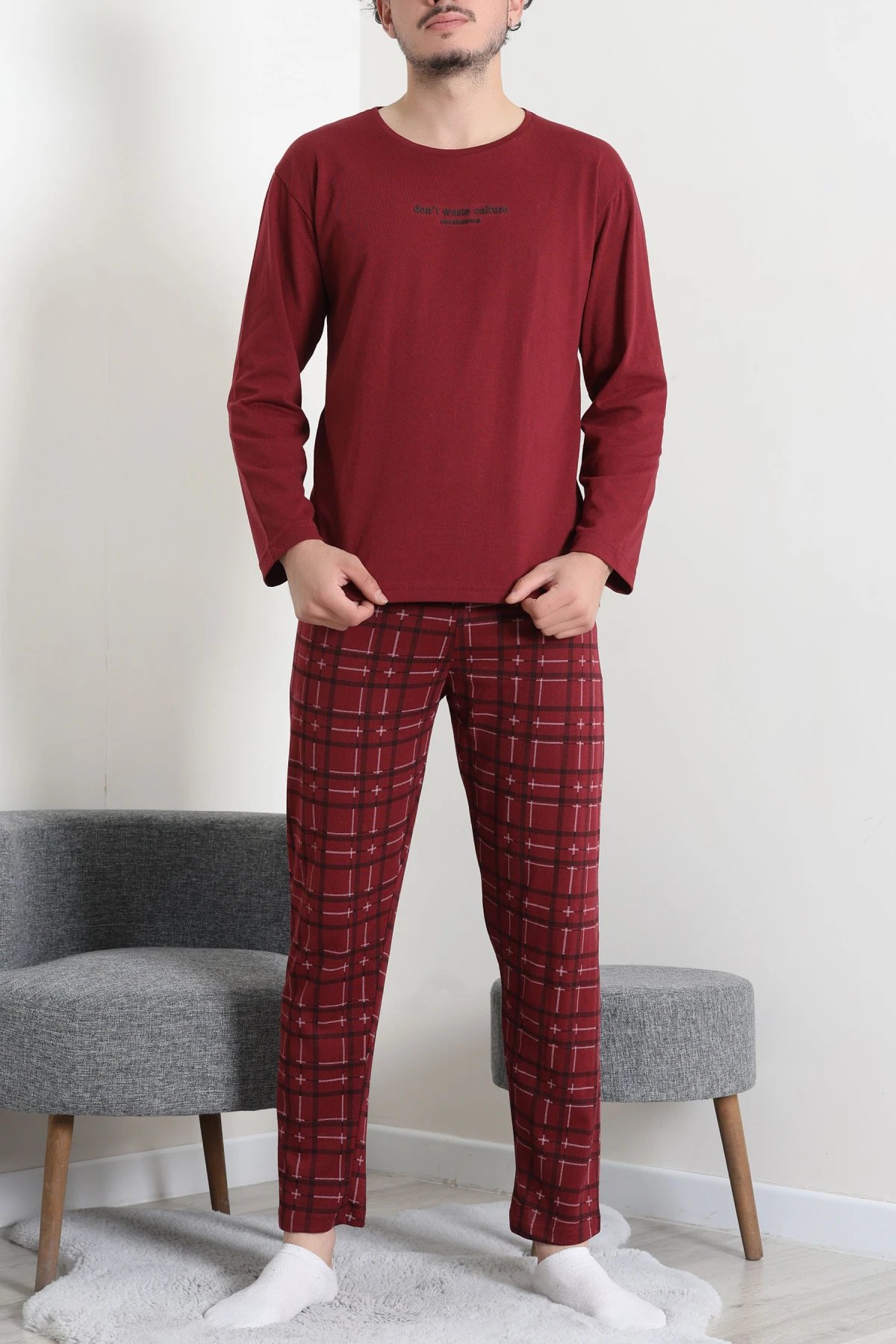 Süprem Ekoseli Baskılı Erkek Pijama Takımı Bordo