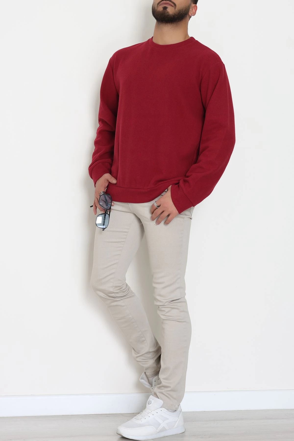 Bisiklet Yaka Selanik Kumaş Erkek Sweat Bordo