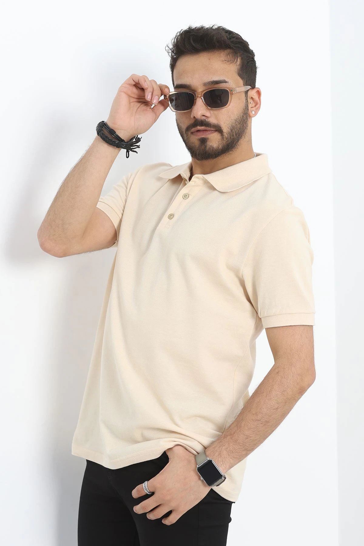 Gömlek Yaka Erkek Tişört Bej