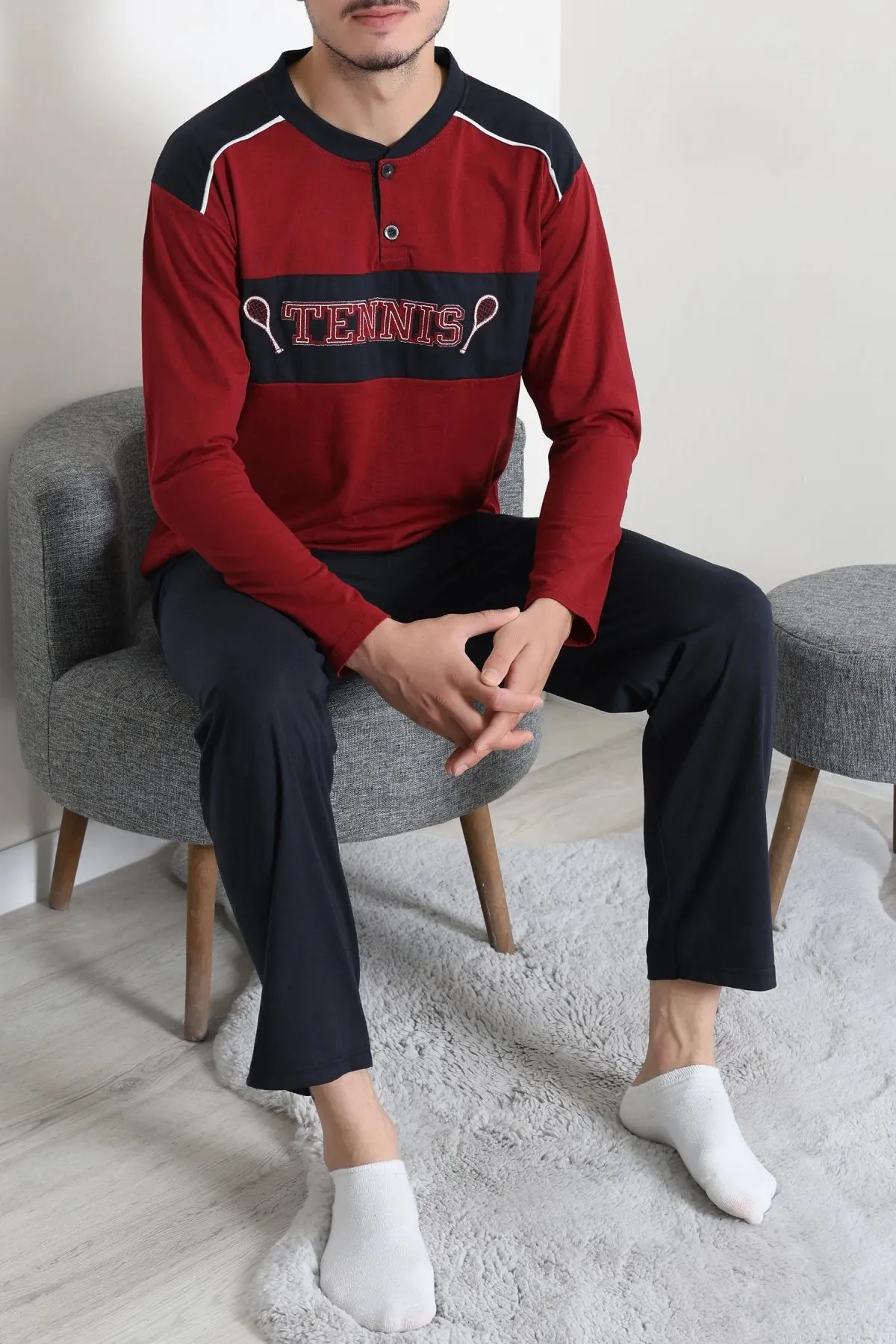 Süprem Patlı Garnili Erkek Pijama Takımı Bordo