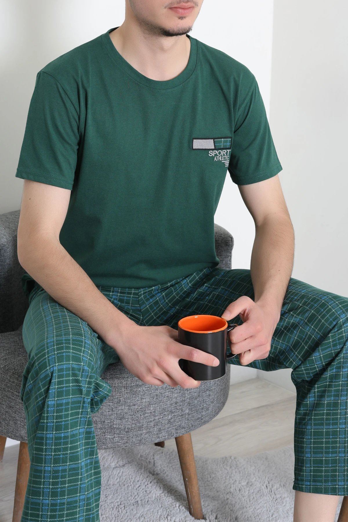 Kısa Kollu Erkek Pijama Takımı Koyuyeşil