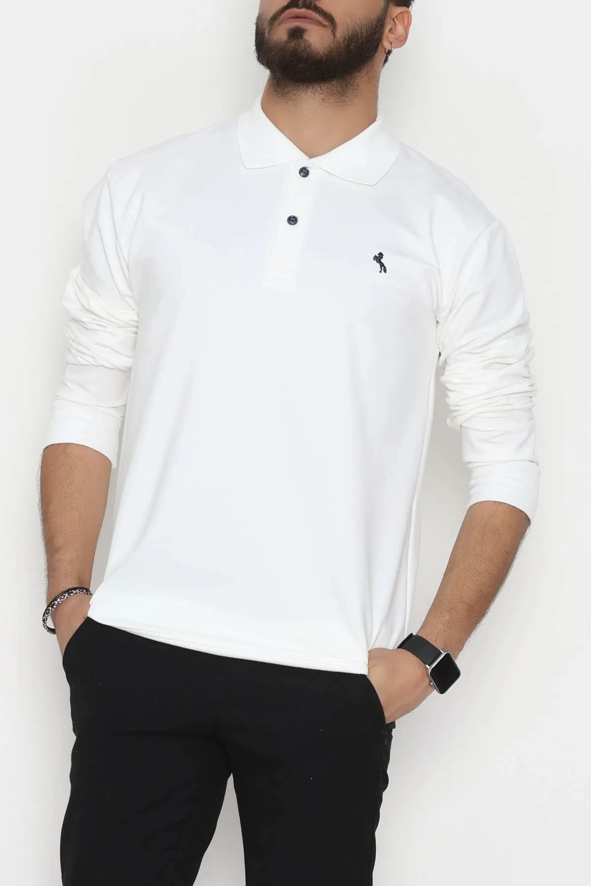2 İplik Likralı Polo Yaka Erkek Sweat Beyaz