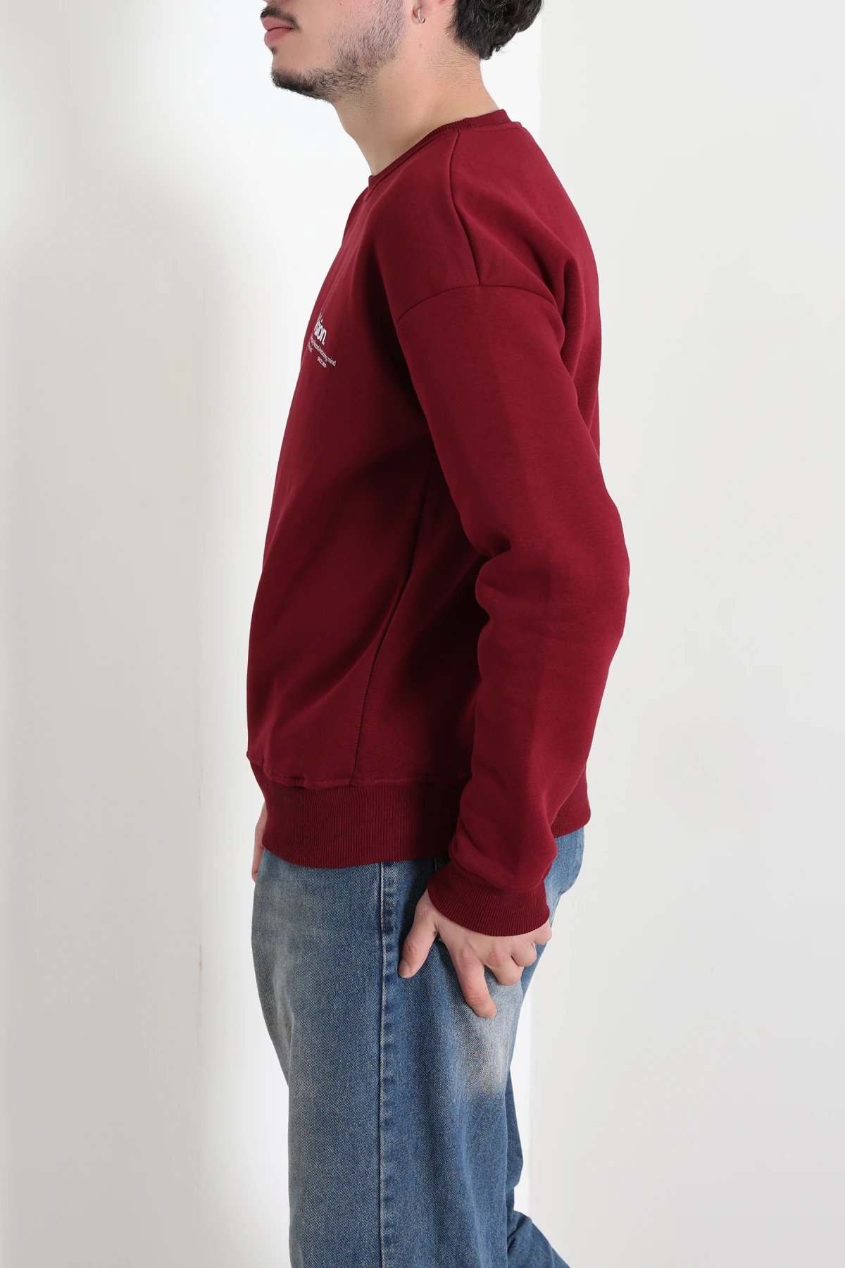 Bisiklet Yaka Baskılı Şardonlu 3 İplik Erkek Sweat Bordo