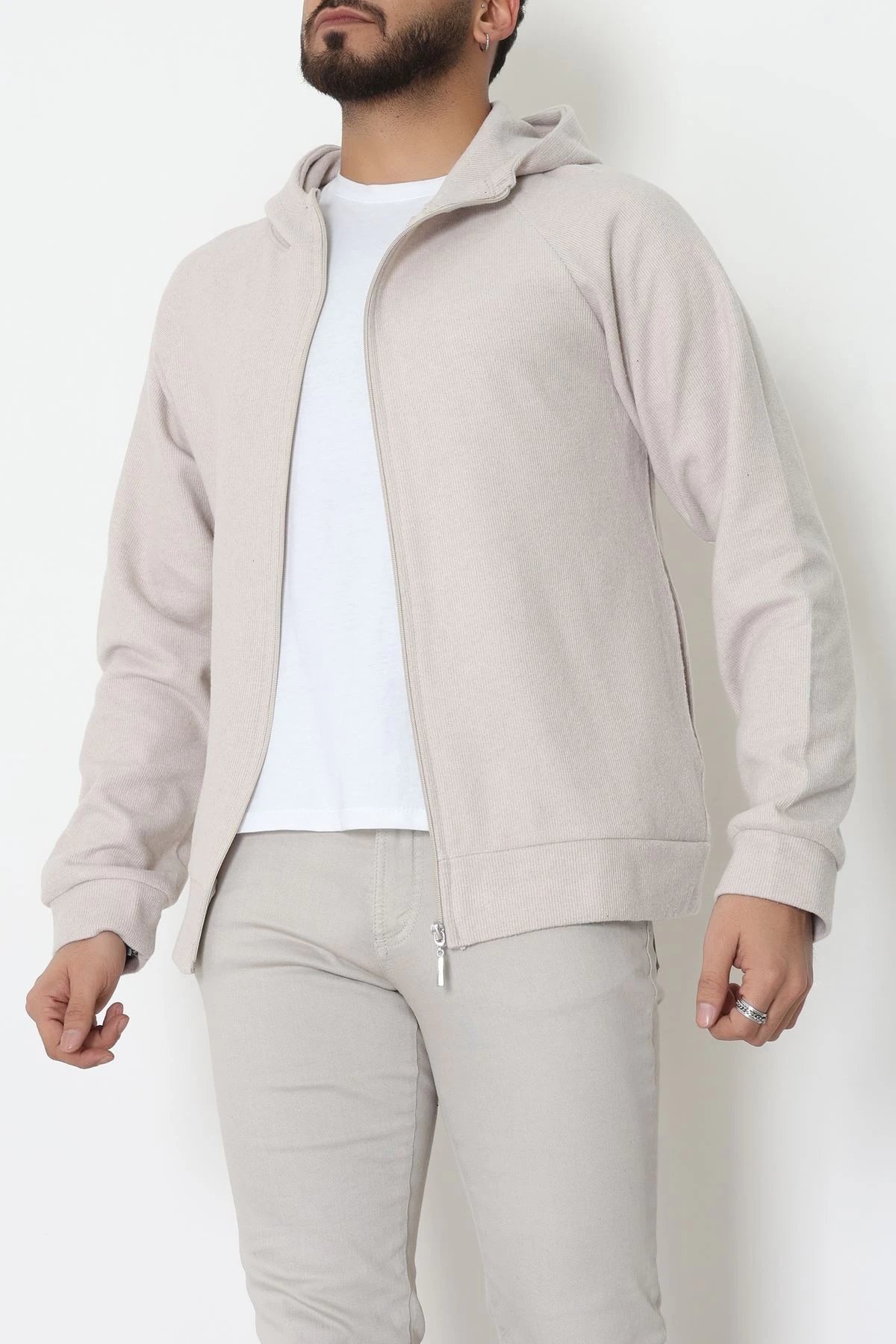 Selanik Kumaş Kapşonlu Erkek Sweat Taş