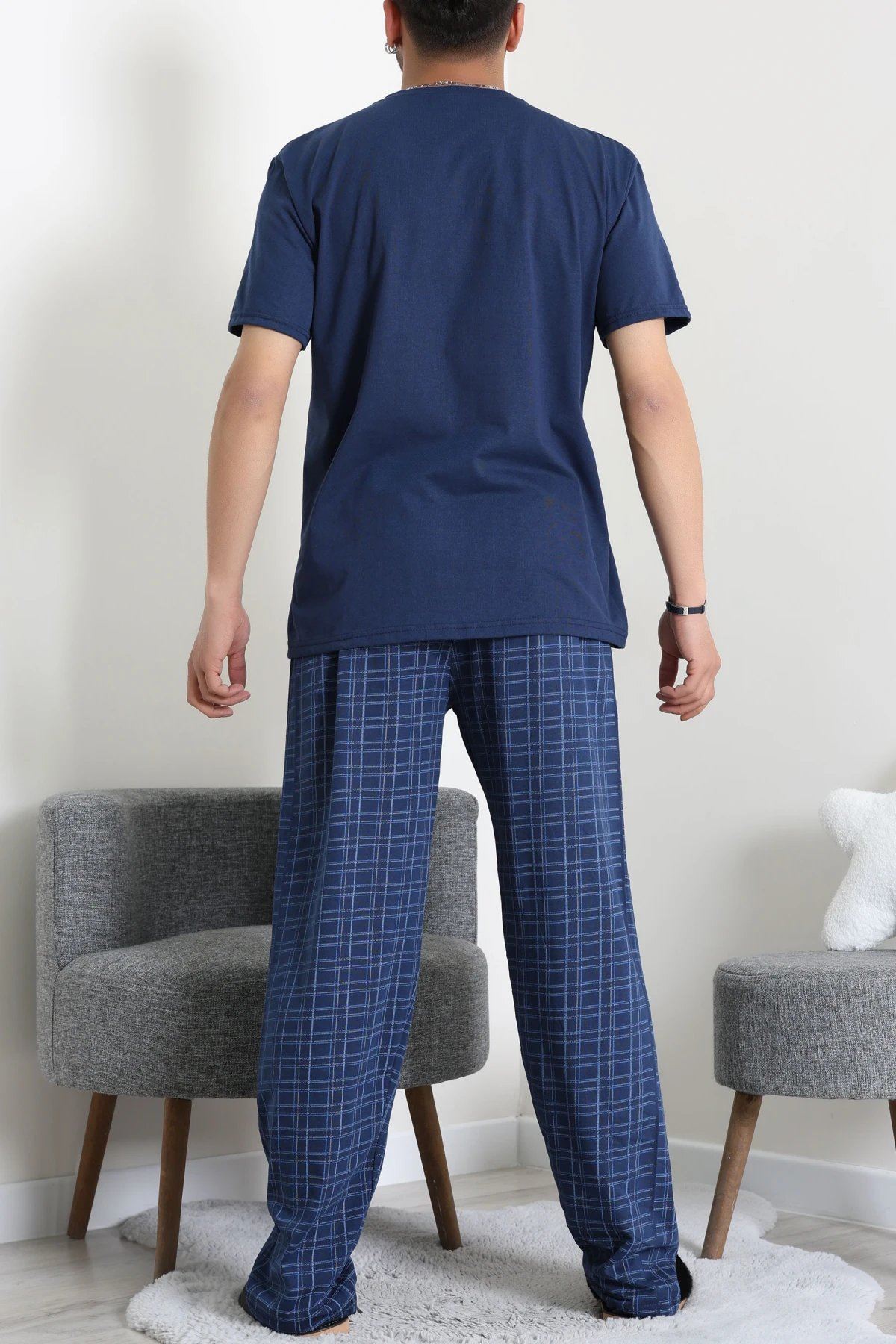 Süprem Ekose Erkek Pijama Takımı Lacivert