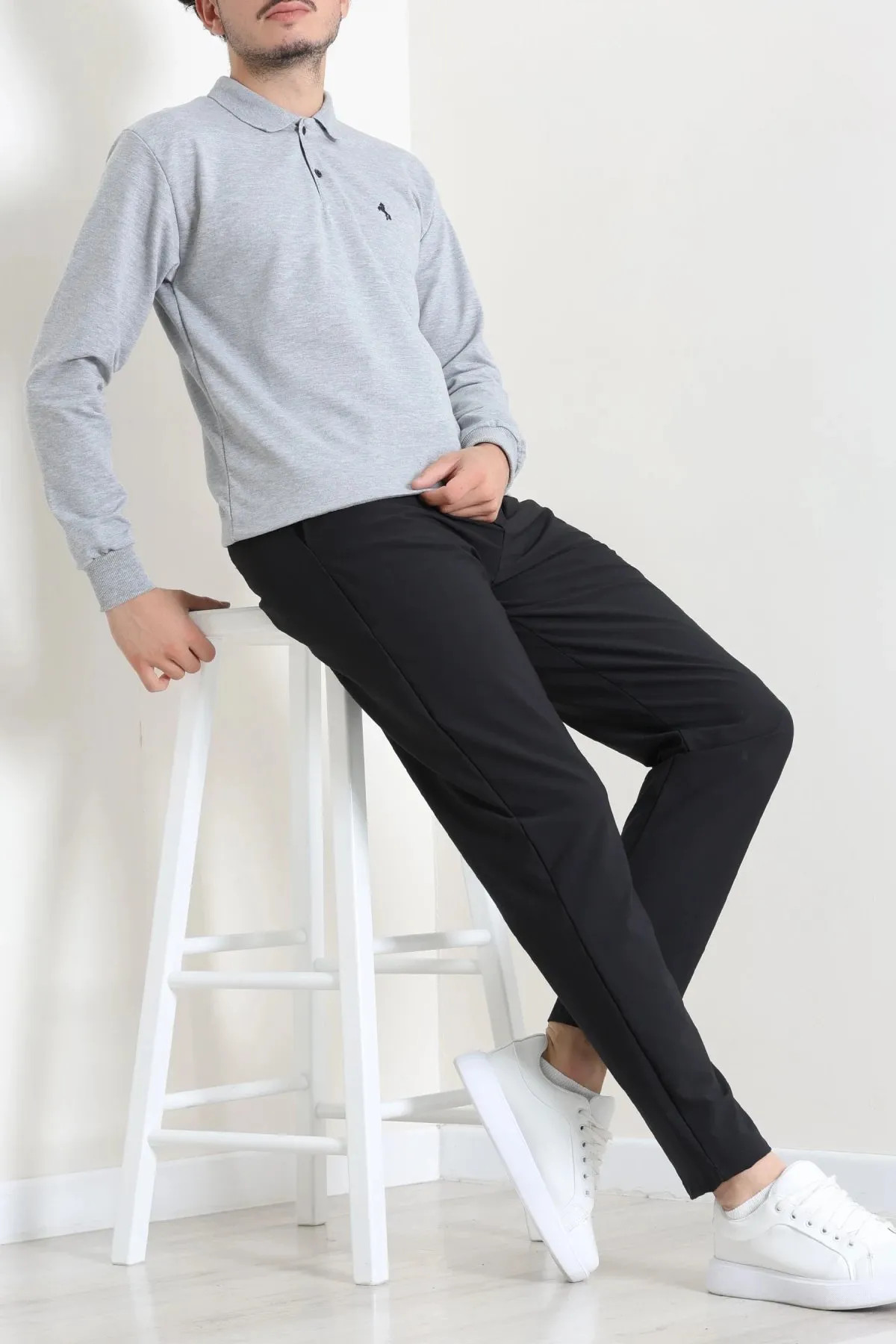 2 İplik Likralı Polo Yaka Erkek Sweat Gri