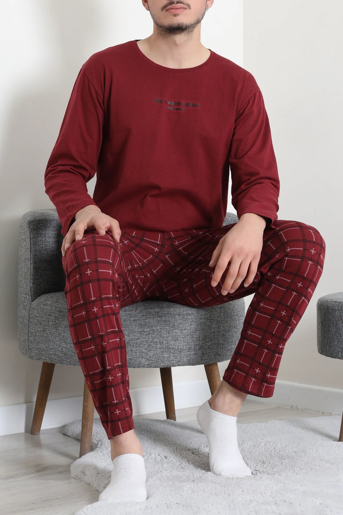 Süprem Ekoseli Baskılı Erkek Pijama Takımı Bordo