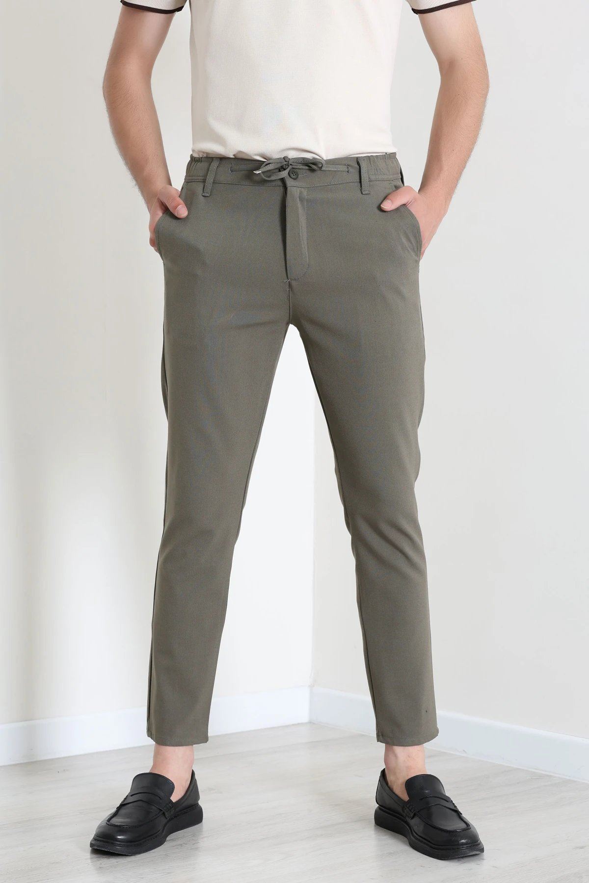 Dokuma Beli Lastikli Erkek Jogger Pantolon Koyuhaki