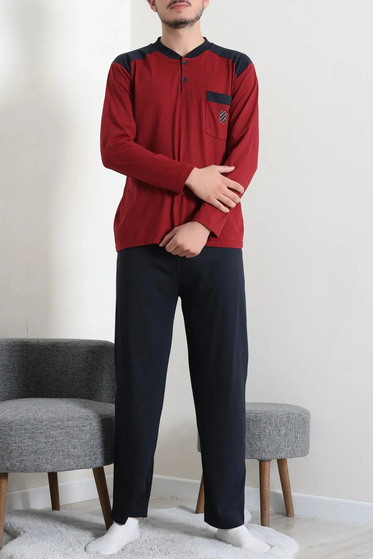 Süprem Nakışlı Erkek Pijama Takımı Bordo Model TV-96898