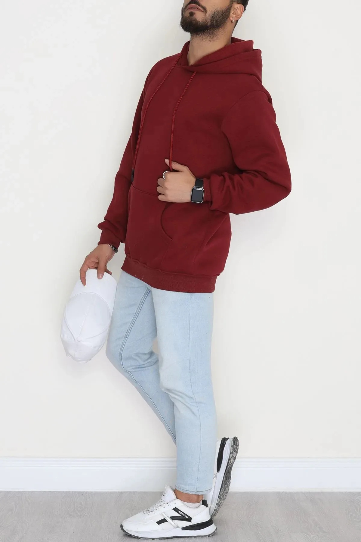 Kanguru Cepli Şardonlu 3 İplik Erkek Sweat Bordo