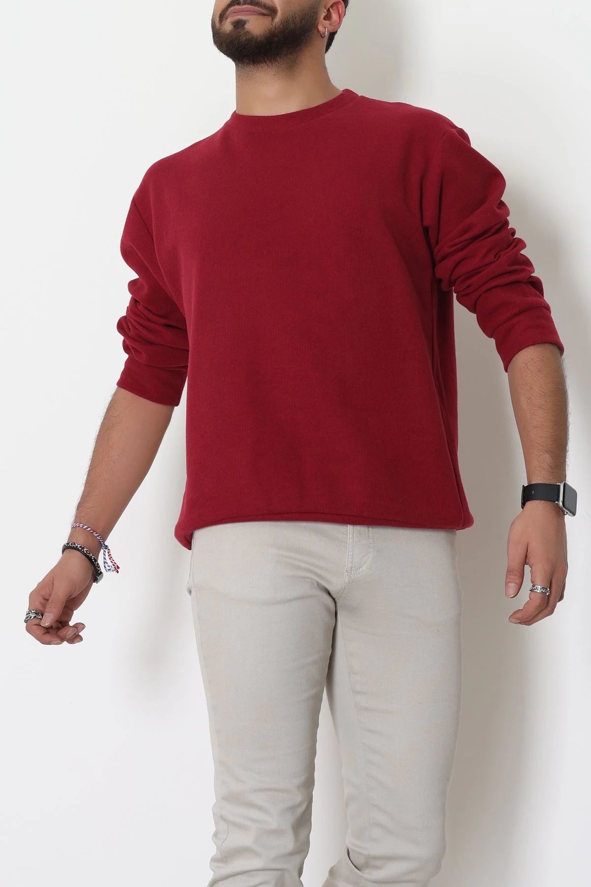 Bisiklet Yaka Selanik Kumaş Erkek Sweat Bordo