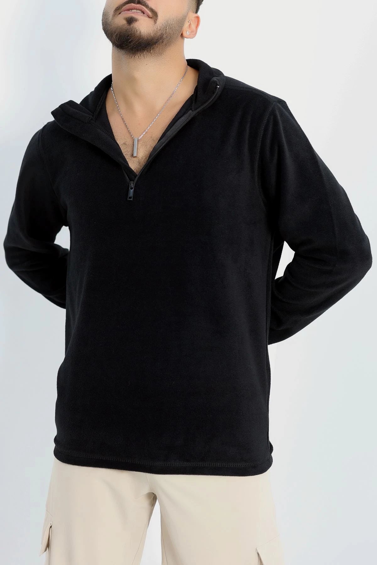 Yarım Fermuar Erkek Polar Sweat Siyah