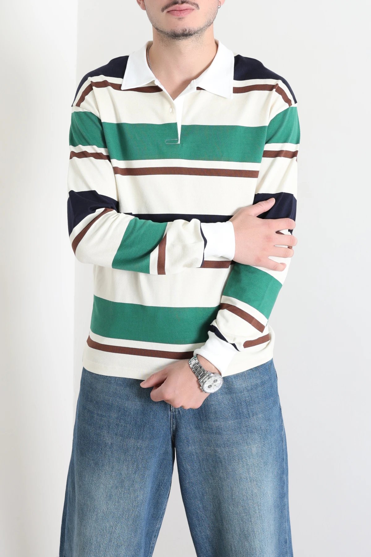 Polo Yaka Çizgili İnterlok Erkek Sweat Yeşilbeyaz