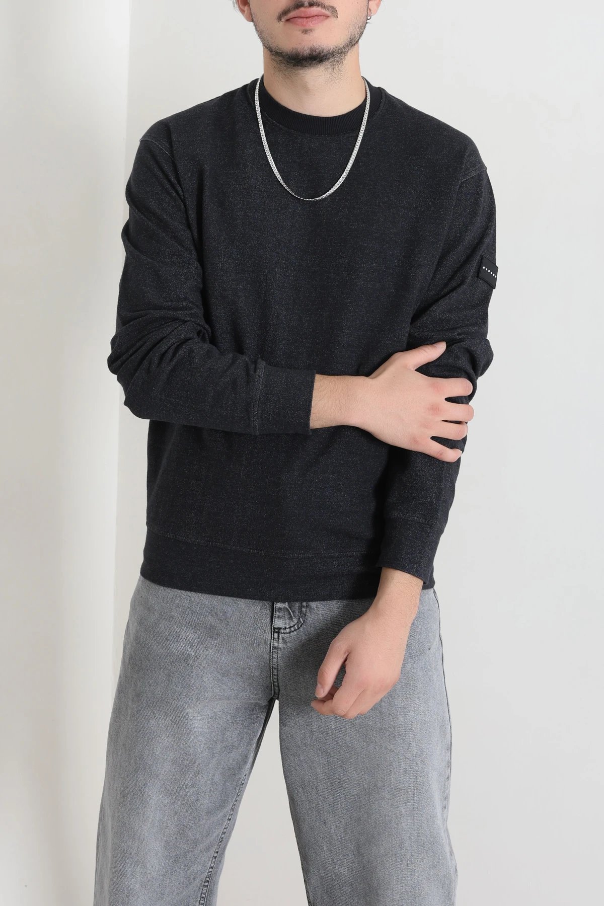 Bisiklet Yaka Uzun Kol Erkek Sweatshirt Siyah