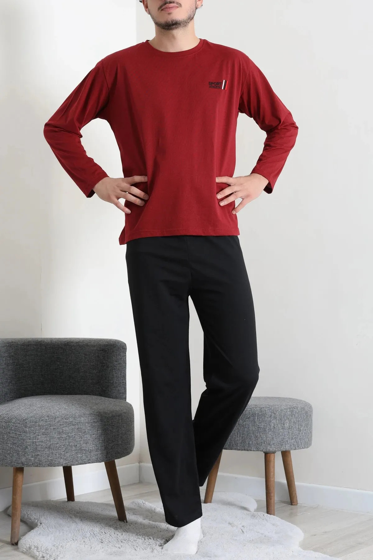 Süprem Nakışlı Erkek Pijama Takımı Bordo Model TV-96899