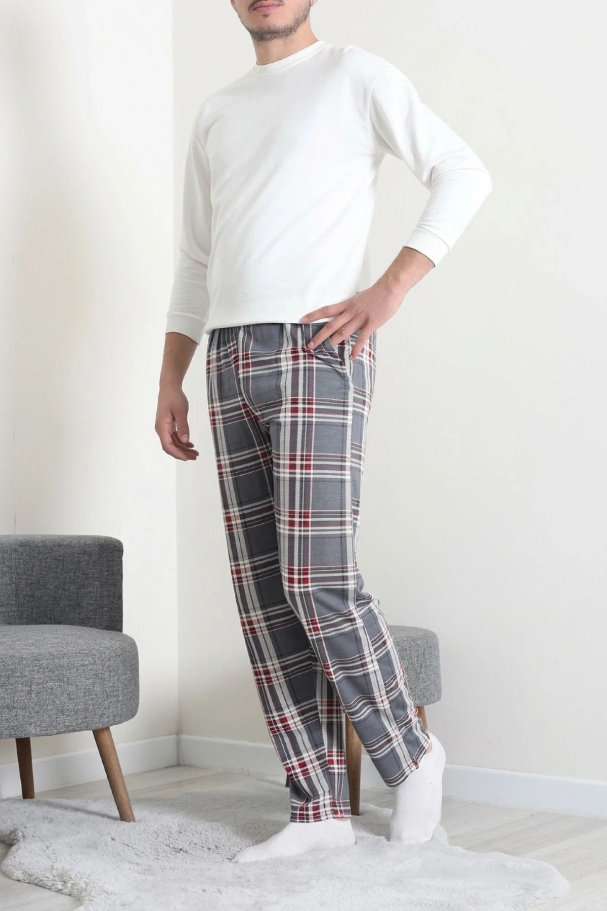 Süprem Cepli Erkek Pijama Altı Gri Kırmızı
