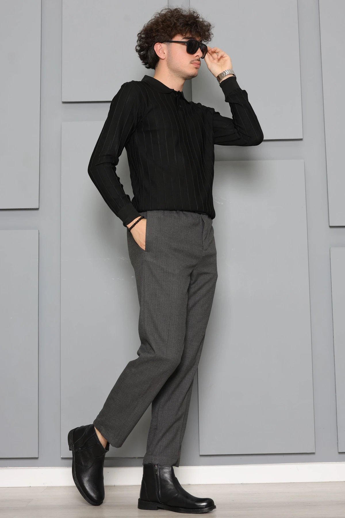 Polo Yaka Düğmeli Düz Erkek Triko Siyah