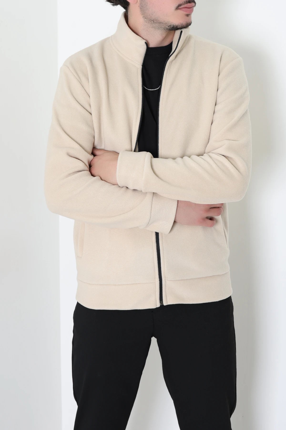 Polar Fleto Cepli Fermuarlı Erkek Sweat Bej