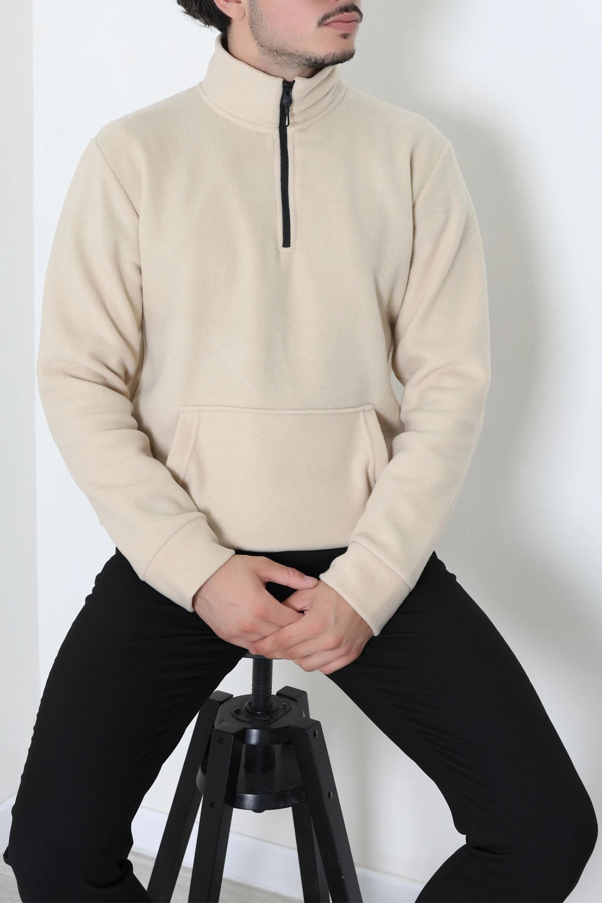 Yarım Fermuar Kanguru Cepli Erkek Polar Sweat Bej
