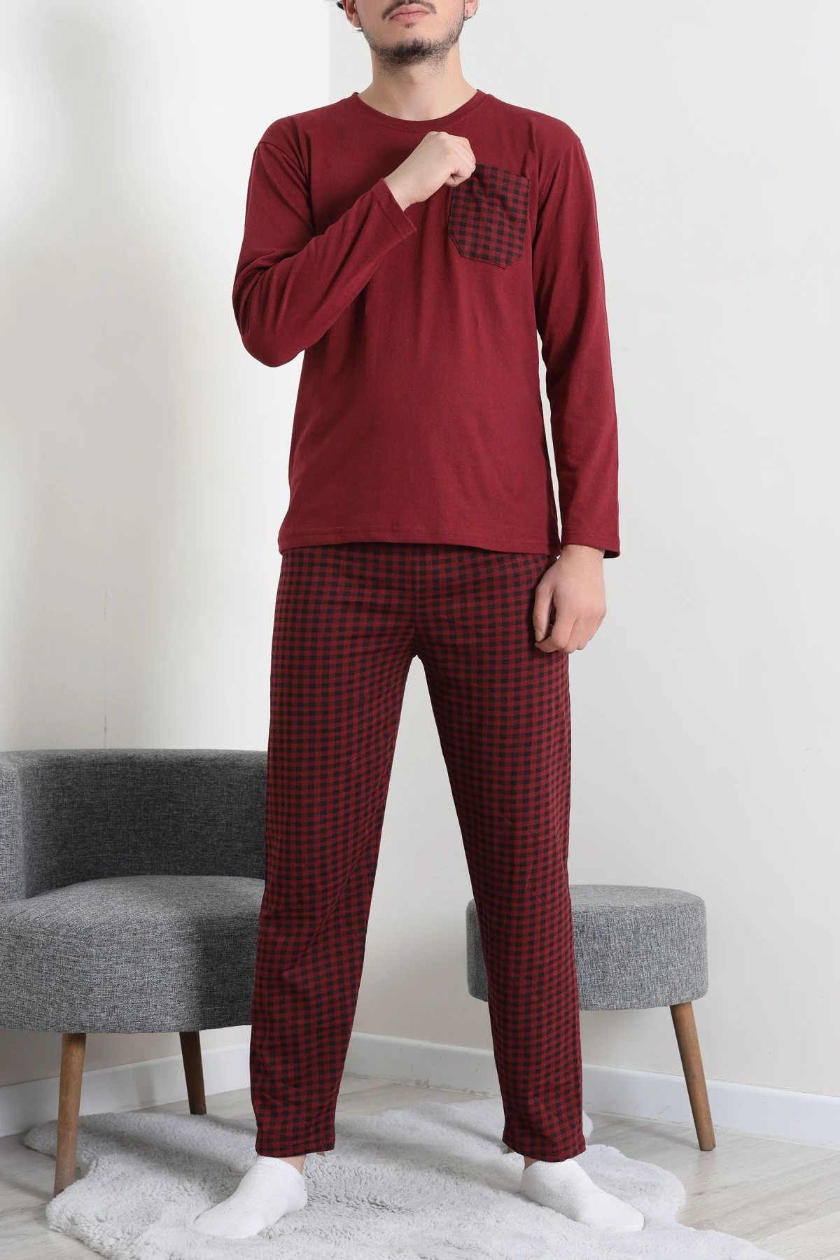 Süprem Ekoseli Baskılı Erkek Pijama Takımı Bordo