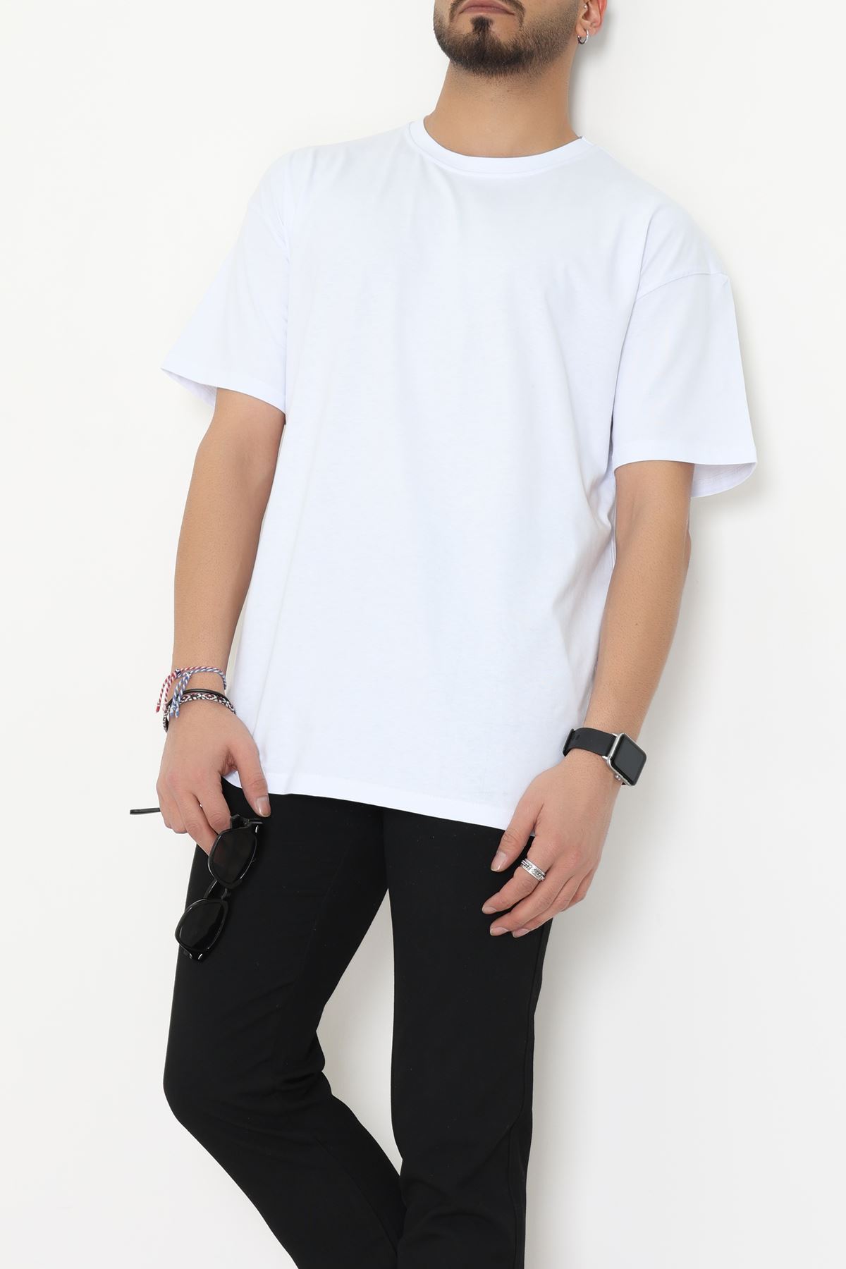 Kompak Penye Unisex Baskısız Oversize Tişört Beyaz