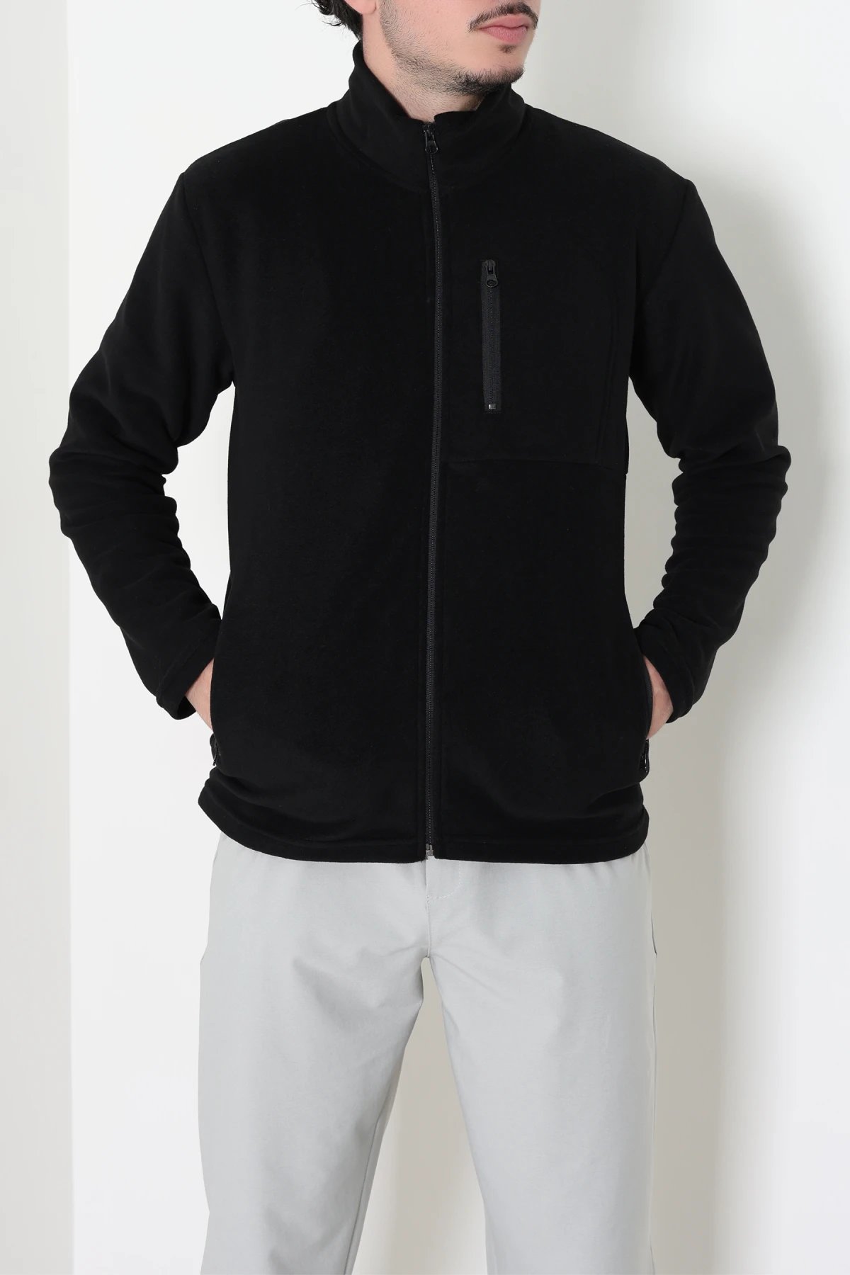 Polar Tam Fermuarlı 3 Cepli Erkek Outdoor Sweat Siyah