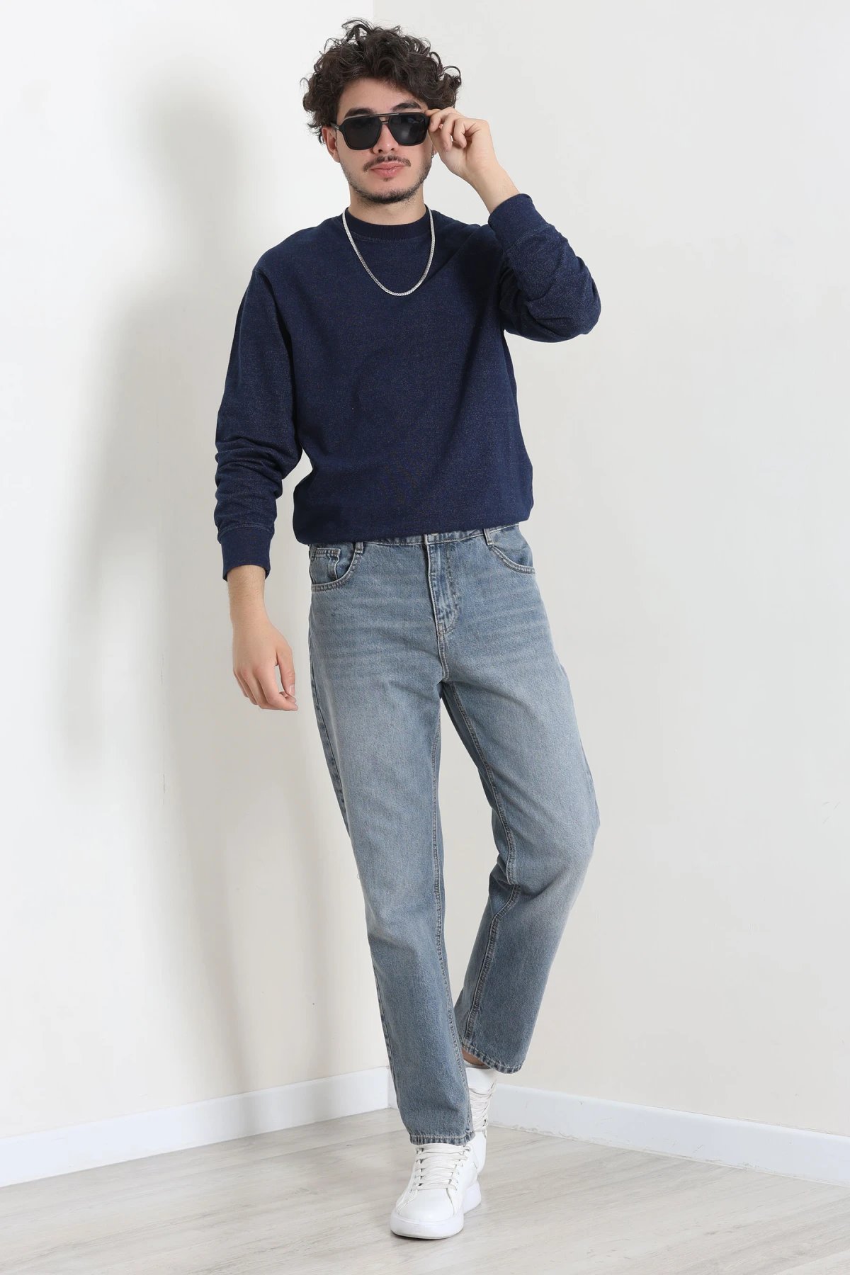 Bisiklet Yaka Uzun Kol Erkek Sweatshirt Lacivert